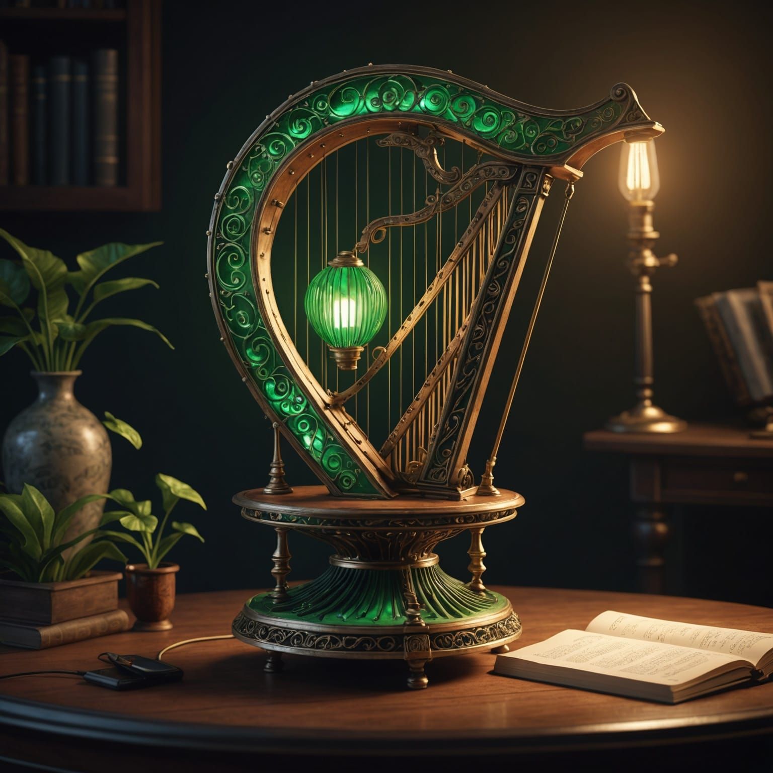 Zither Table Lamp with Green Light, Matte Painting