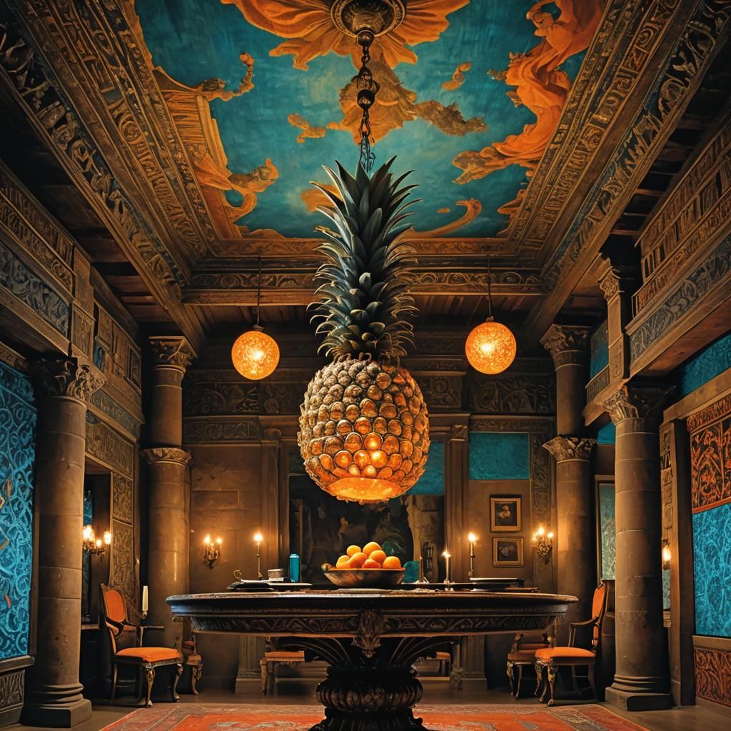 Surreal Pineapple Room with Floating Orbs