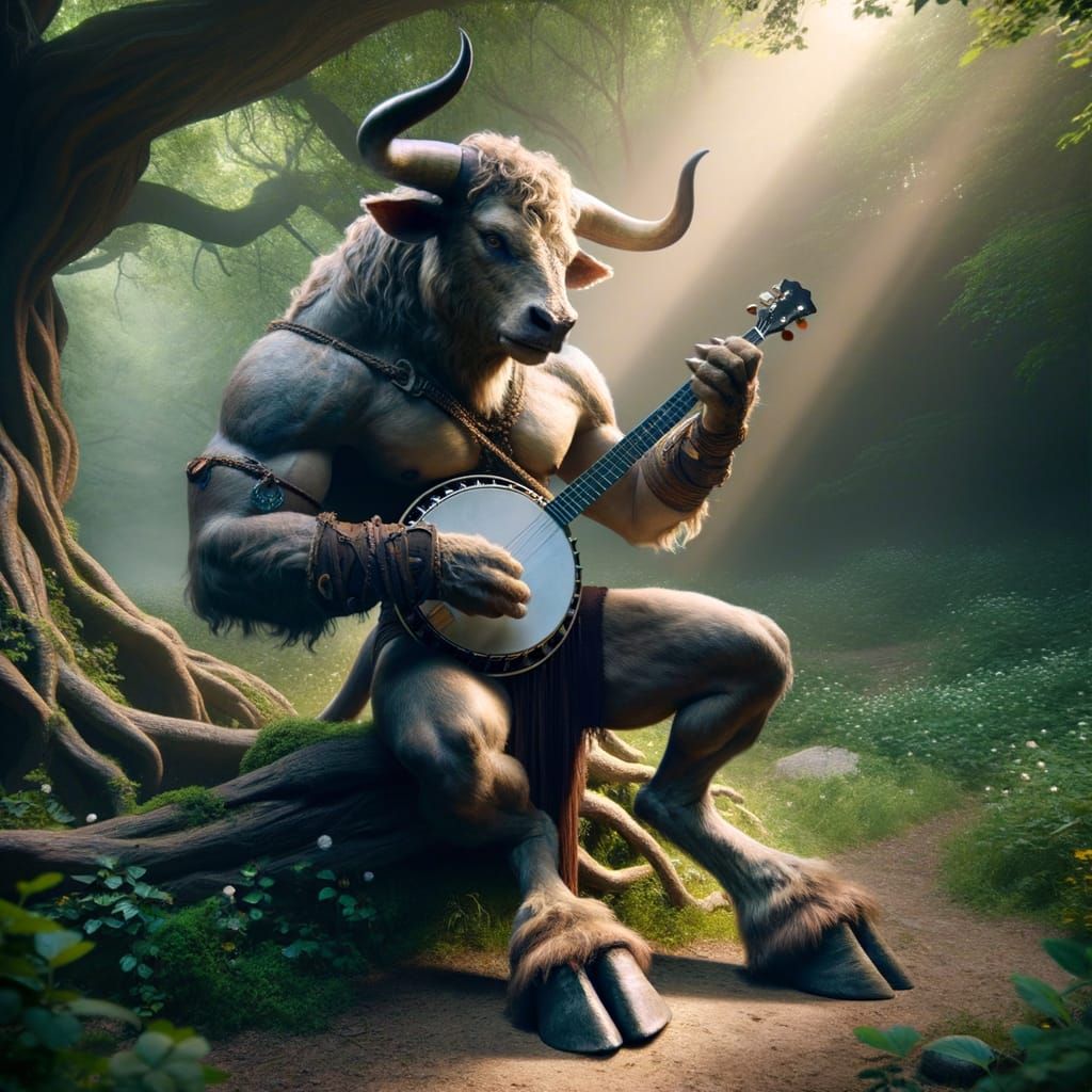 Minotaur Playing Banjo in Peaceful Forest Glade