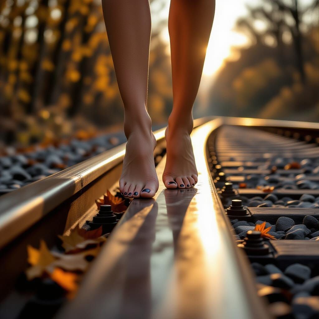 Bare Feet Balance on Shiny Rail in Autumn Sunlight