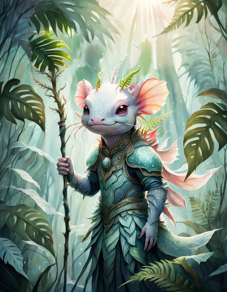 Surreal Axolotl Druid Surrounded by Nature's Glory