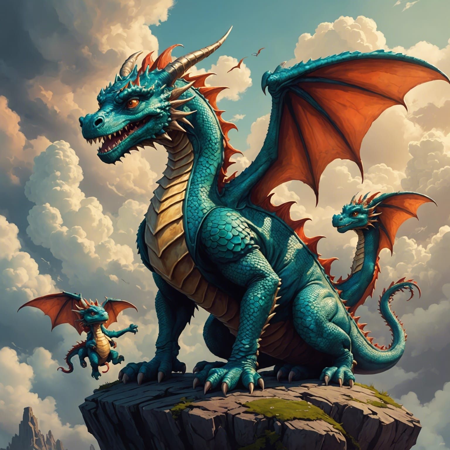 Baby Dragon with Daddy Dragon in the Clouds