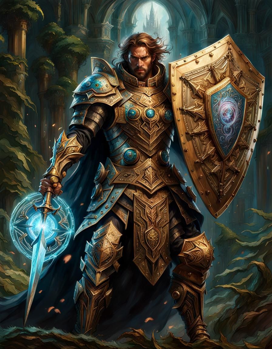 Armored Paladin with Magic Shield in Action