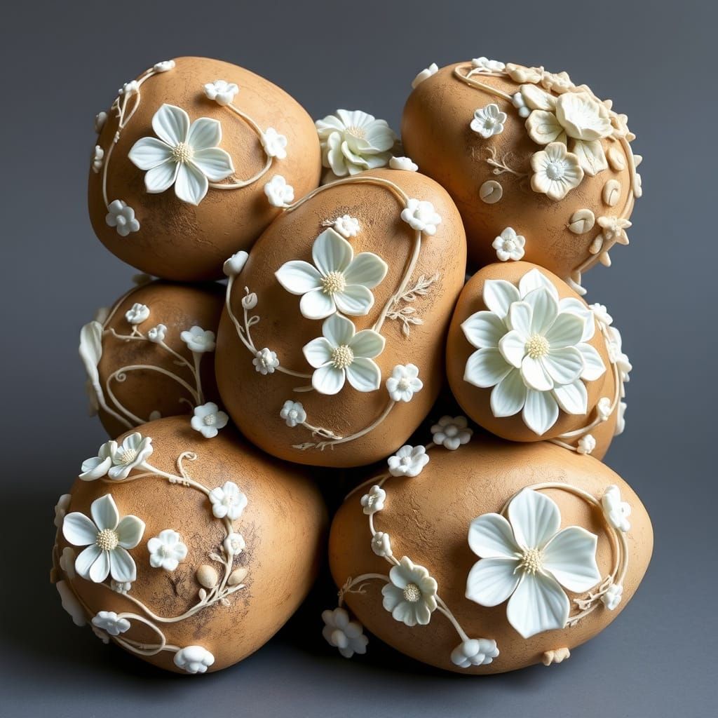 Ornate Stone Sculpture with Porcelain Accents