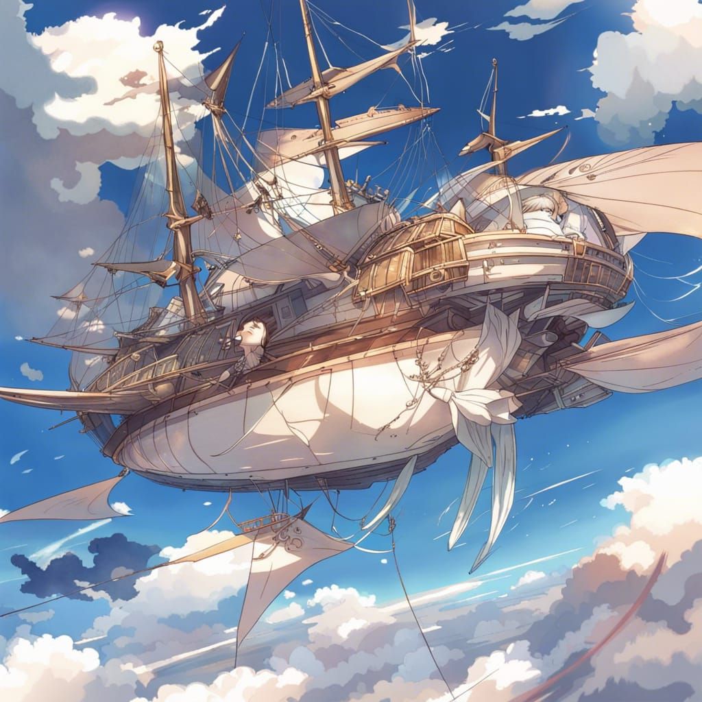 Fantasy Skyship with Wings in Anime Style