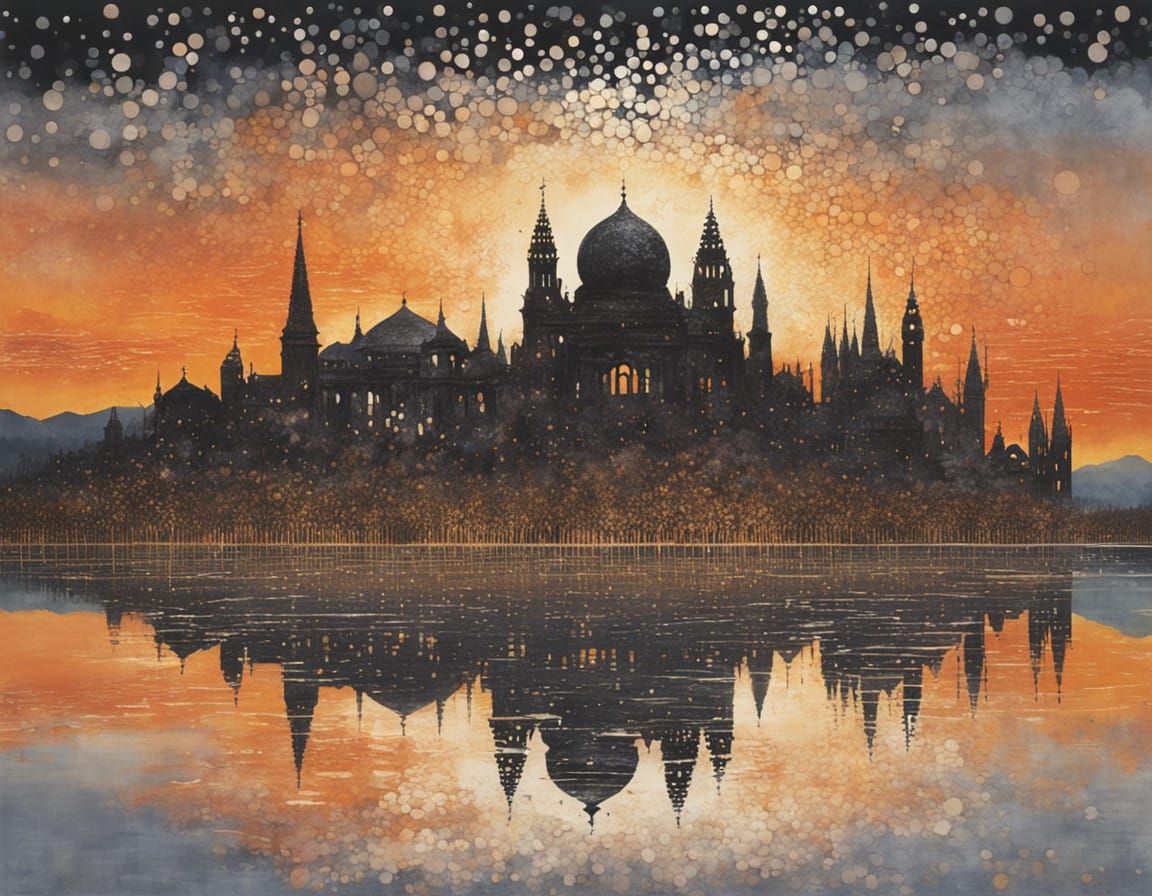 Ruined City Reflected in Sunset Lake