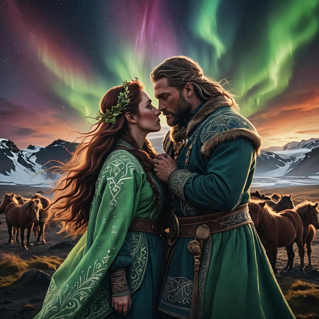 Icelandic Kiss Under Aurora Borealis: Fantasy Concept Art