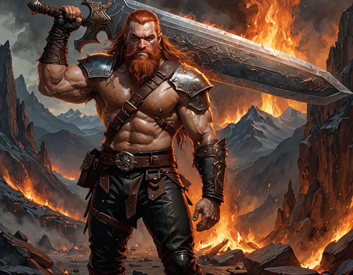 Muscular Dwarf Warrior with Greatsword in Dark Fantasy Art