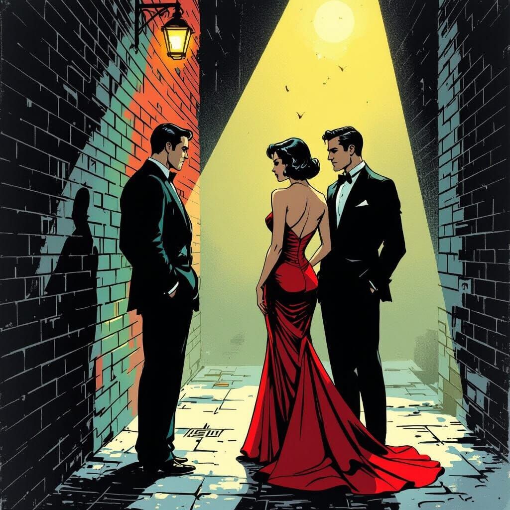 Noir Comic: Woman's Secret Rendezvous in a Dimly Lit Alley
