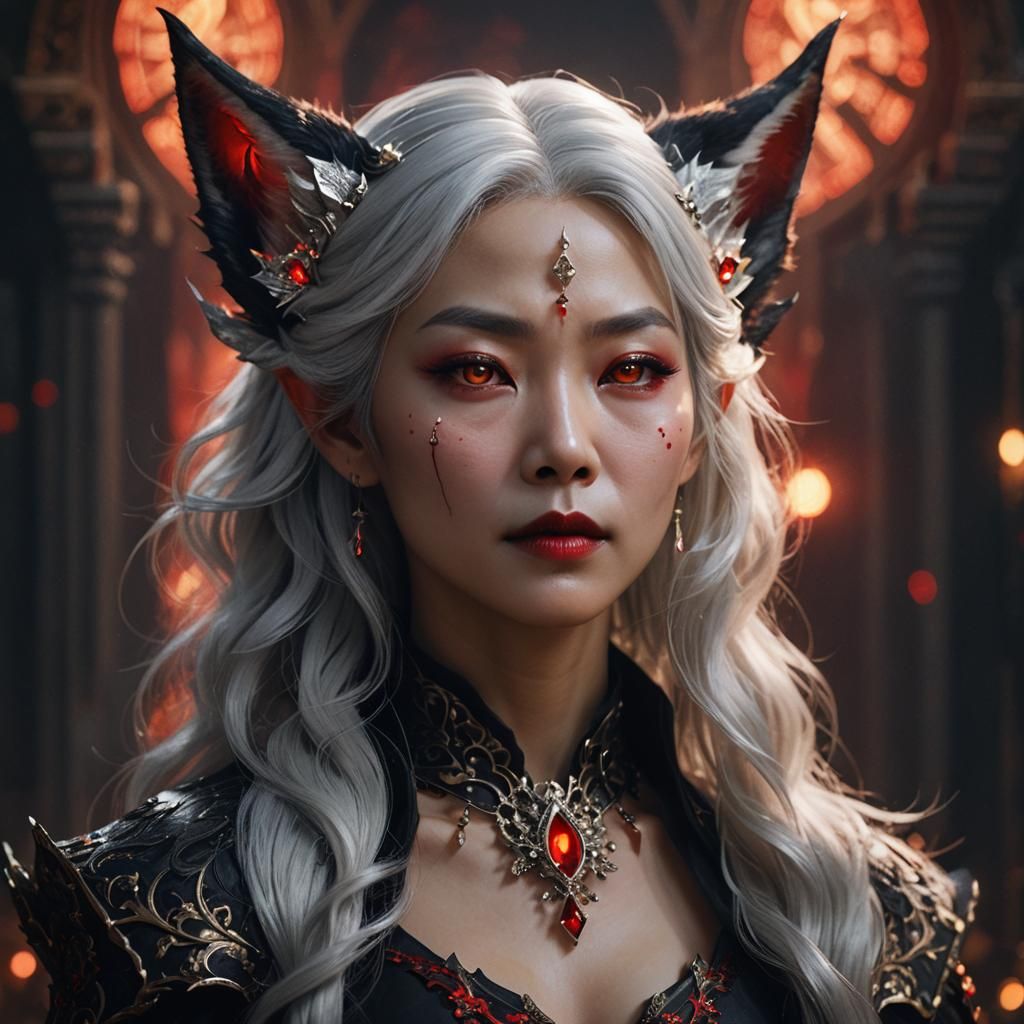 Korean Vampire Queen with Fox Ears in Dark Fantasy