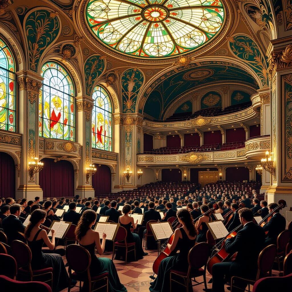 Art Nouveau Concert Hall with Elegant Figures