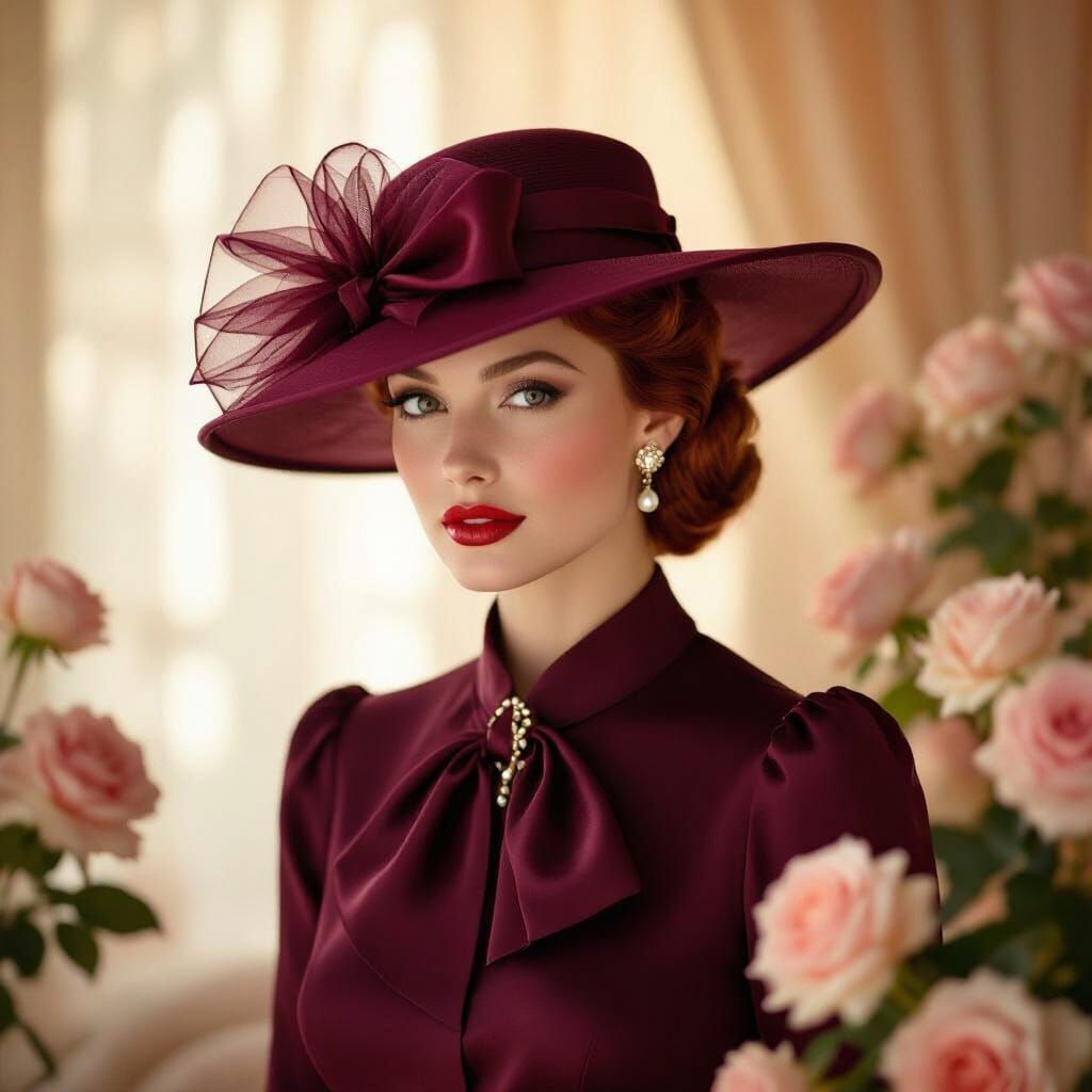 1940s Elegance: Woman in Sun Hat with Red Hair