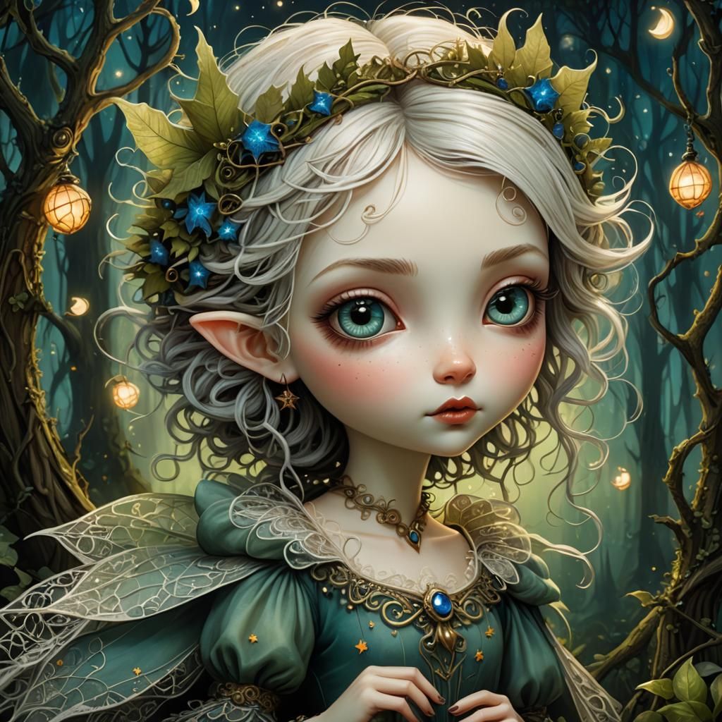 Whimsical Pixie Portrait in Benjamin Lacombe Style