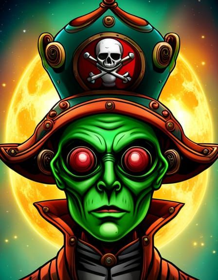 Green Alien Pirate in Space Emblem