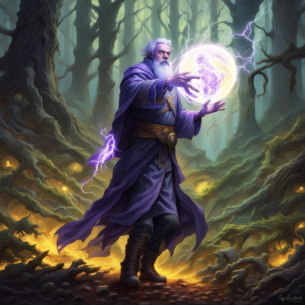 Mighty Mage Casts Lightning, Dark Fantasy Art