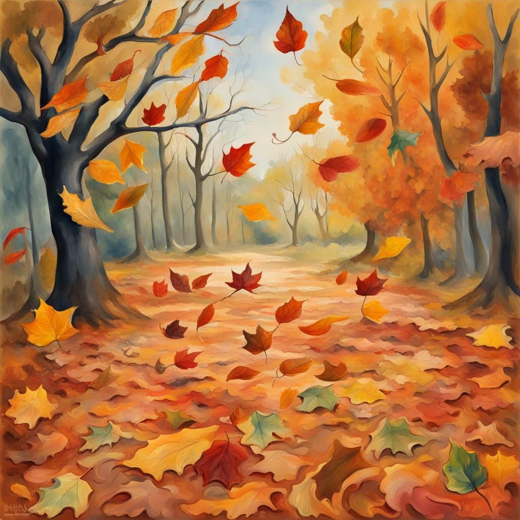 Autumn Leaves in Gouache Style Impressionist Painting