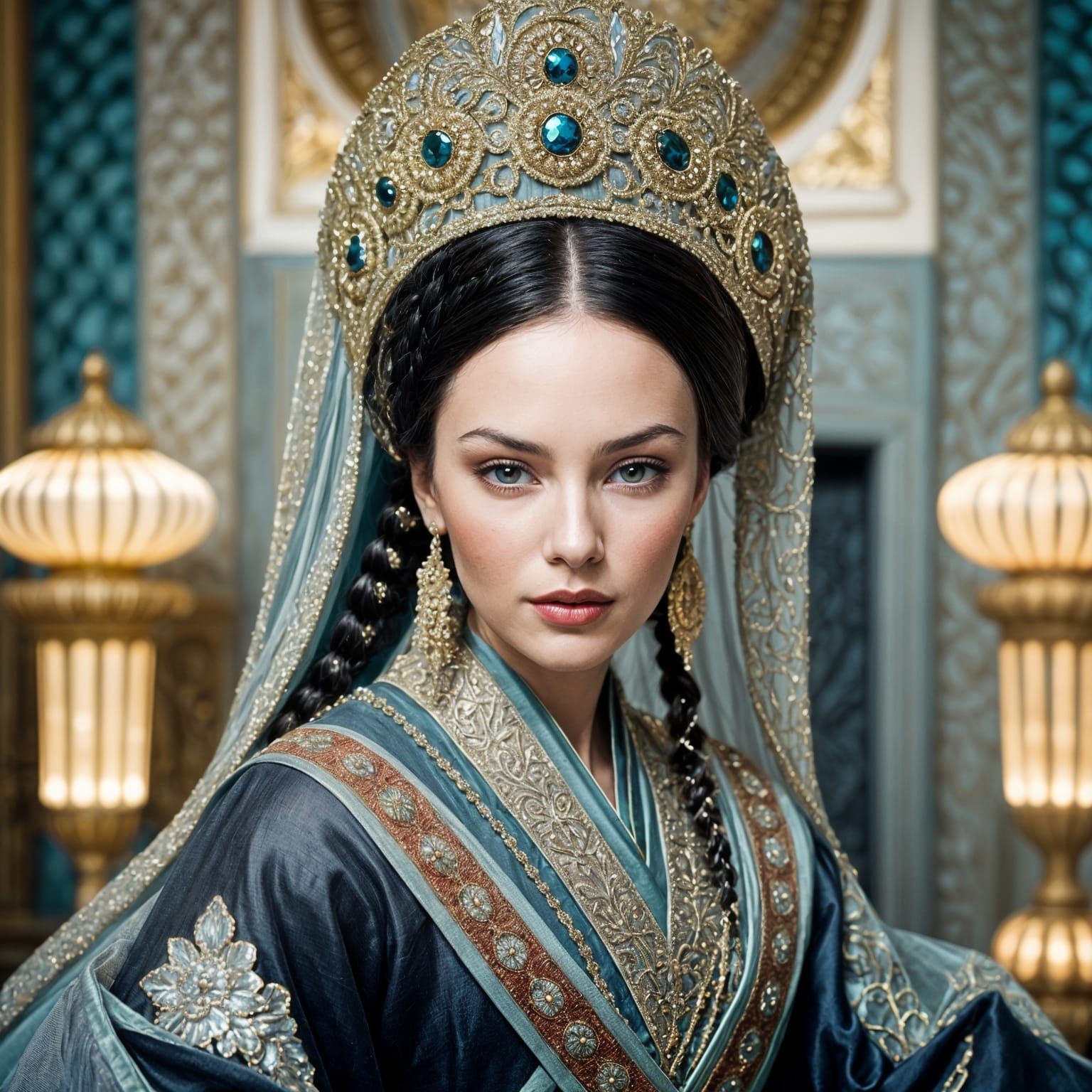 Elegant Tsarina with Braids, Kokoshnik and Veil