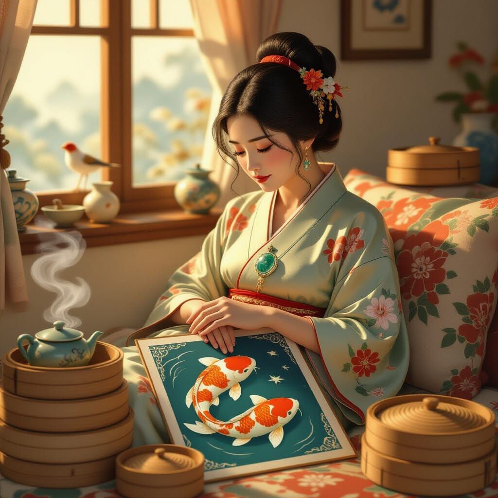 Serene Morning Scene with Golden Koi Fish