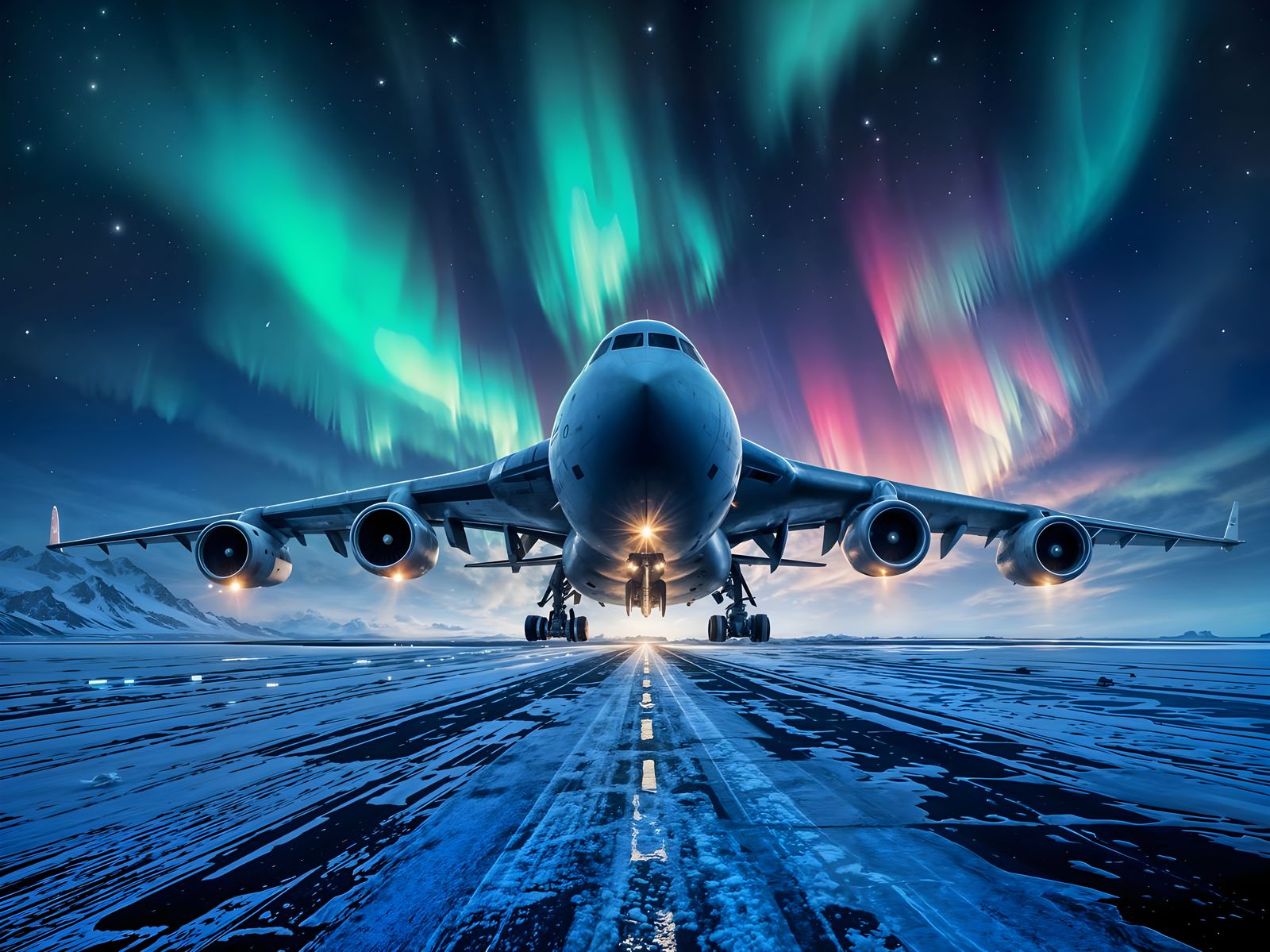 Strategic Airlifter Soars Through Arctic Night Sky