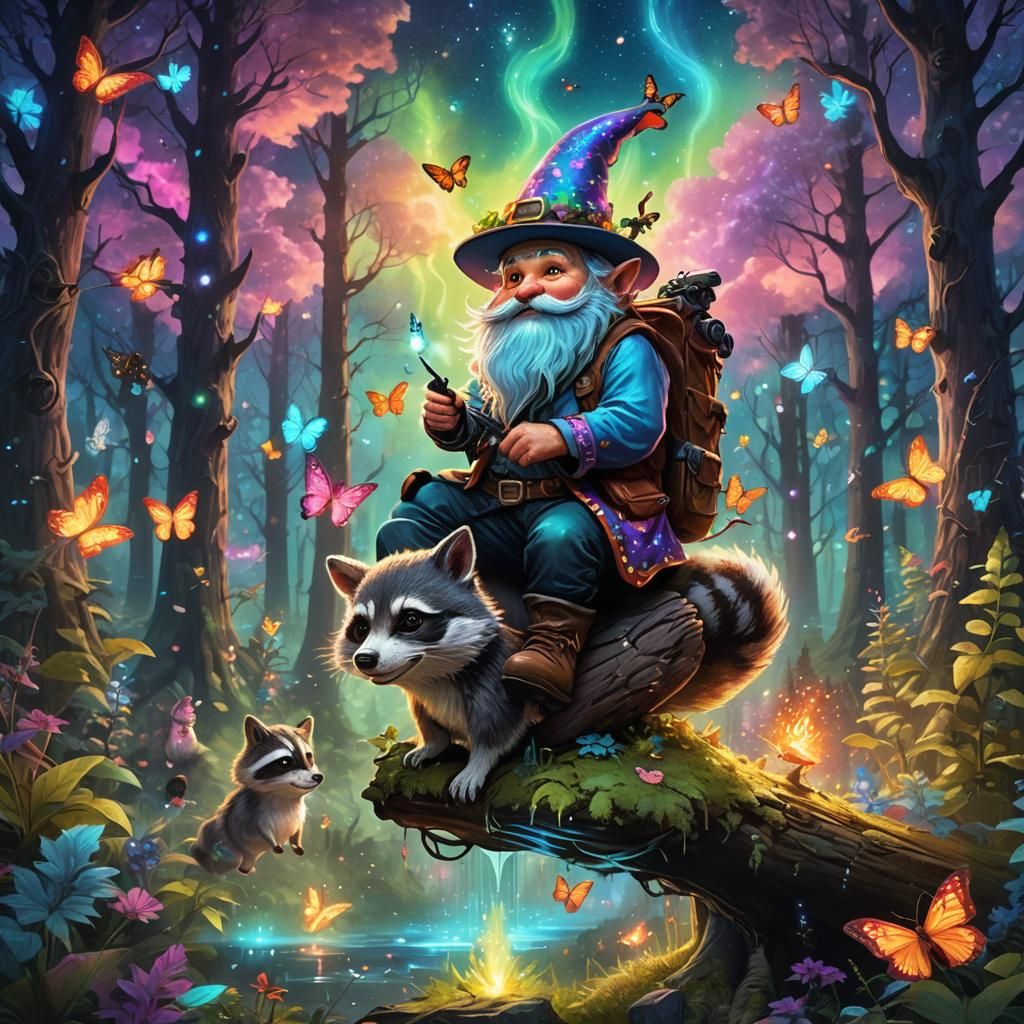 Gnome Cowboy on Raccoon in Magical Forest