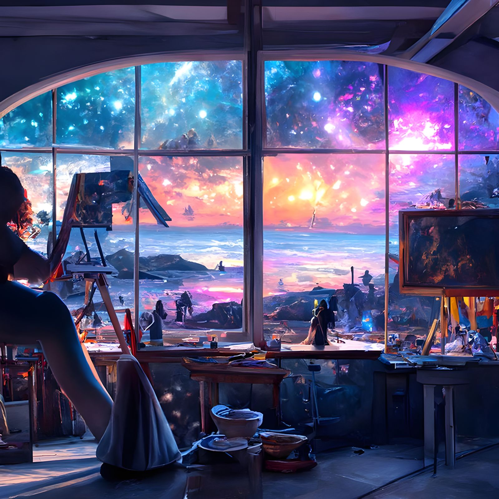 Woman Painting Galaxy Sky: Digital Art Illustration