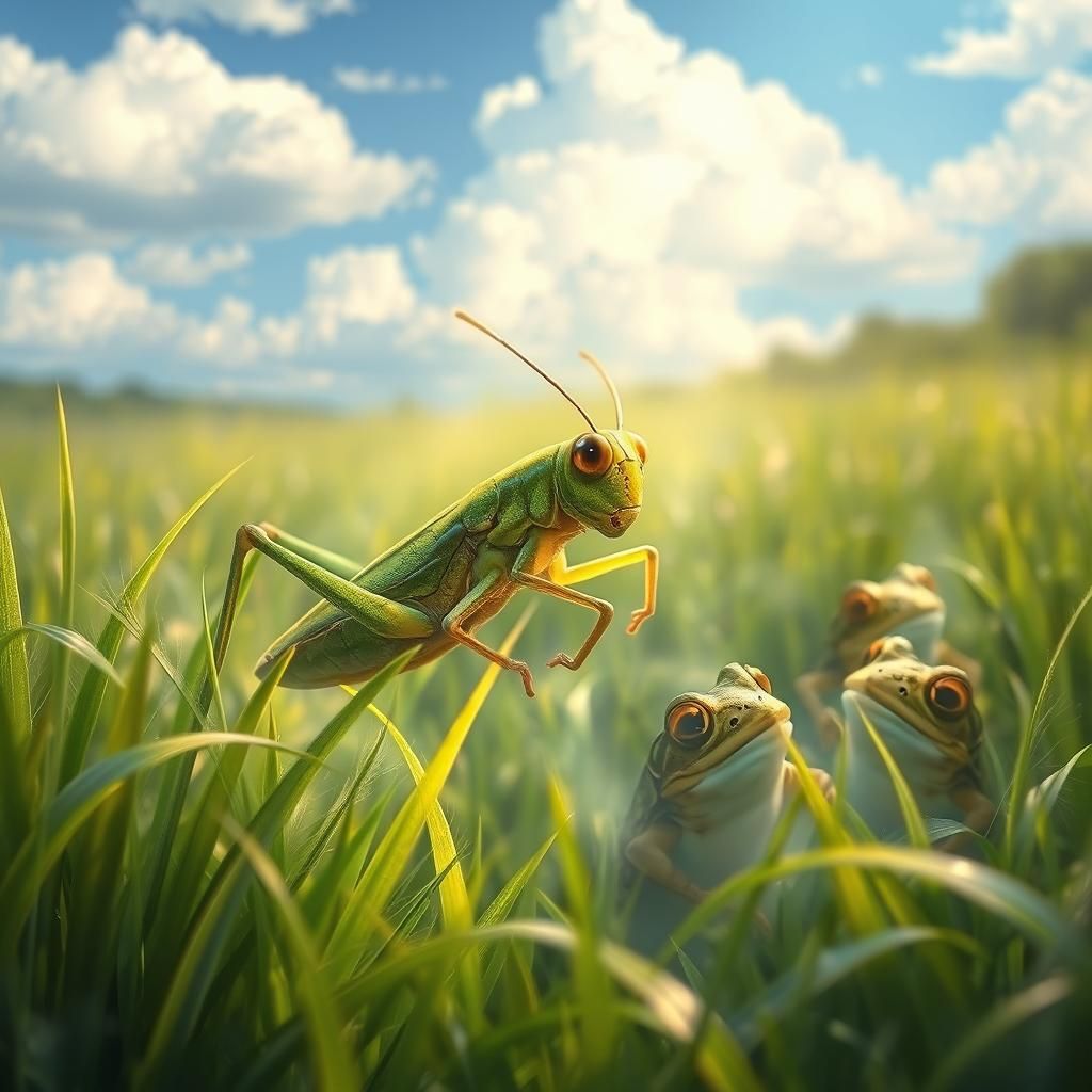 Iridescent Grasshopper in Dreamy Landscape