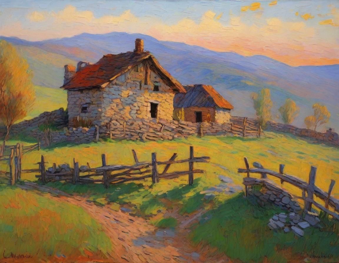 Idyllic Village at Dawn in Impressionistic Style