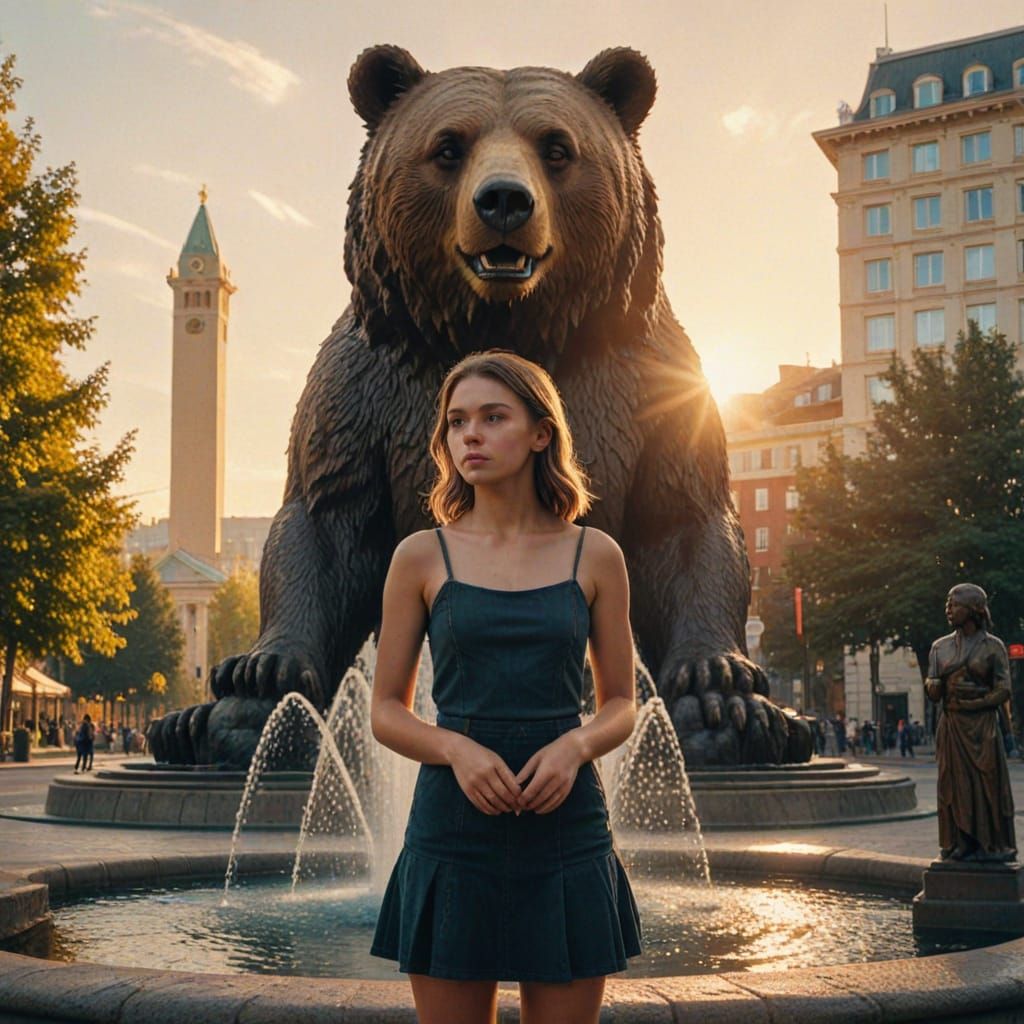 Woman by Fountain with Bear Monument at Sunset