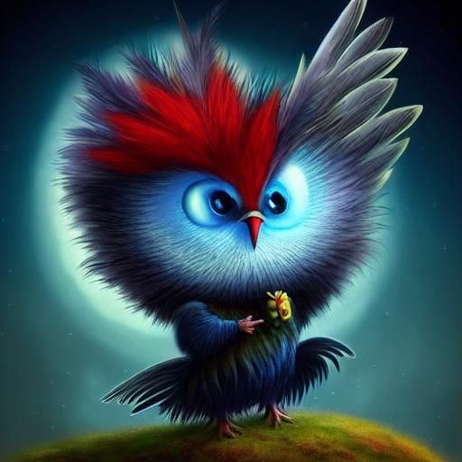 Gothic-Punk Baby Bird in Whimsical Fairytale Scene