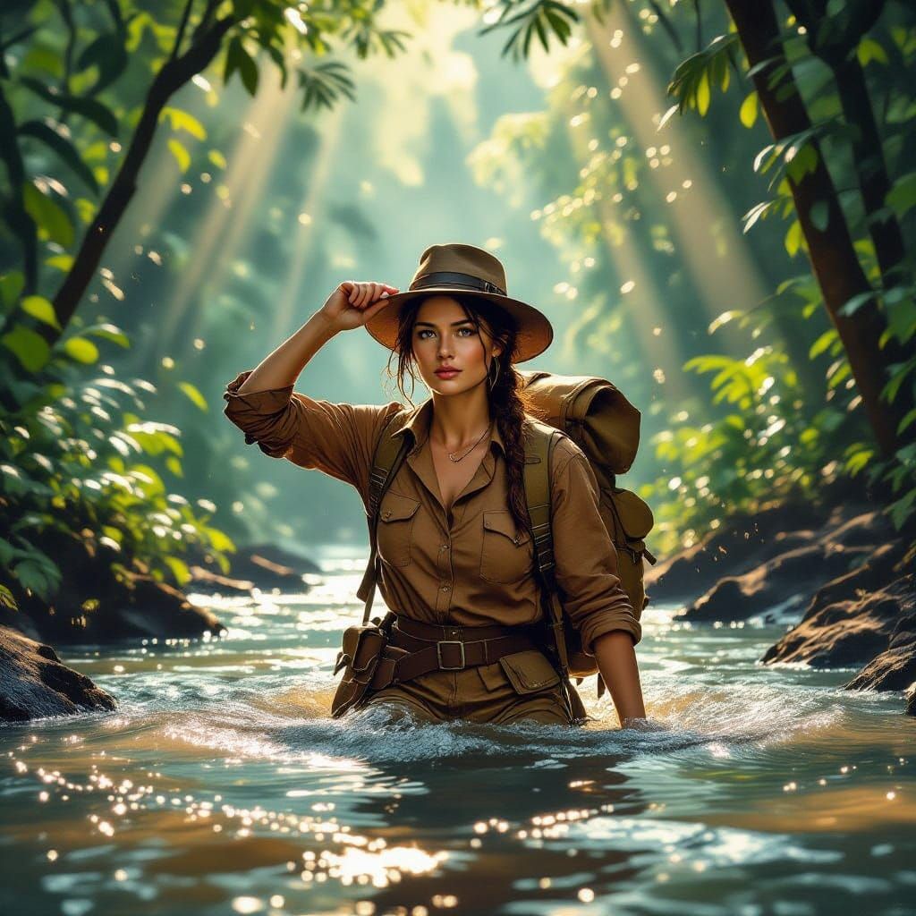 Jungle Explorer Wades Through River in Dramatic Light