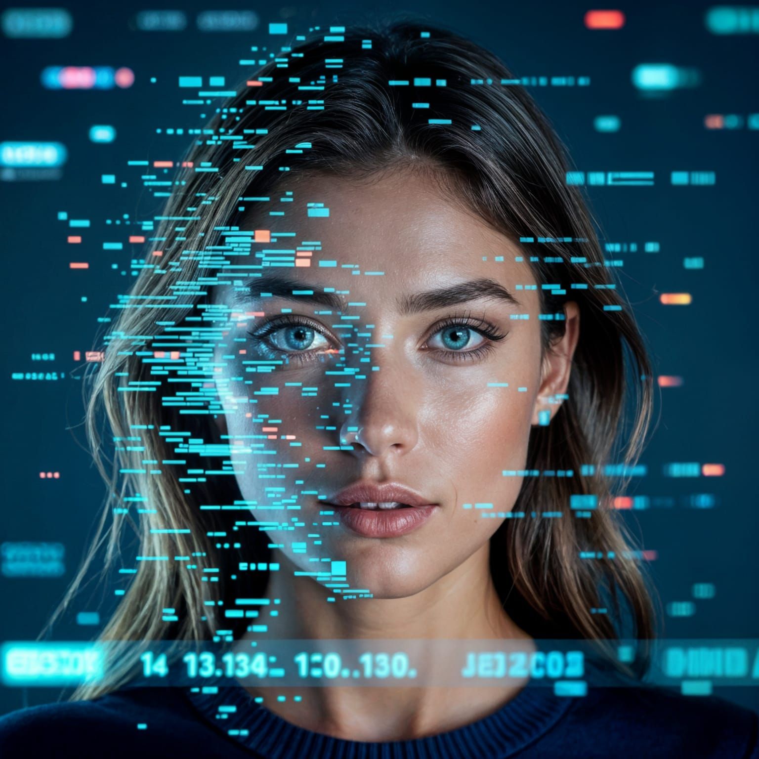 Glitching Woman's Face on Cyberpunk Computer Screen