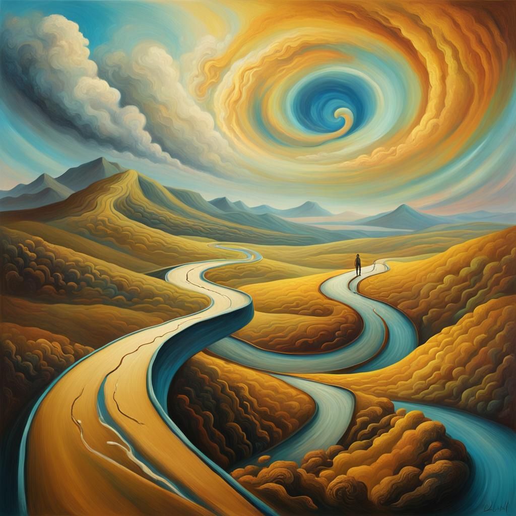 Surreal Winding Road Descending to Dreamlike Valley