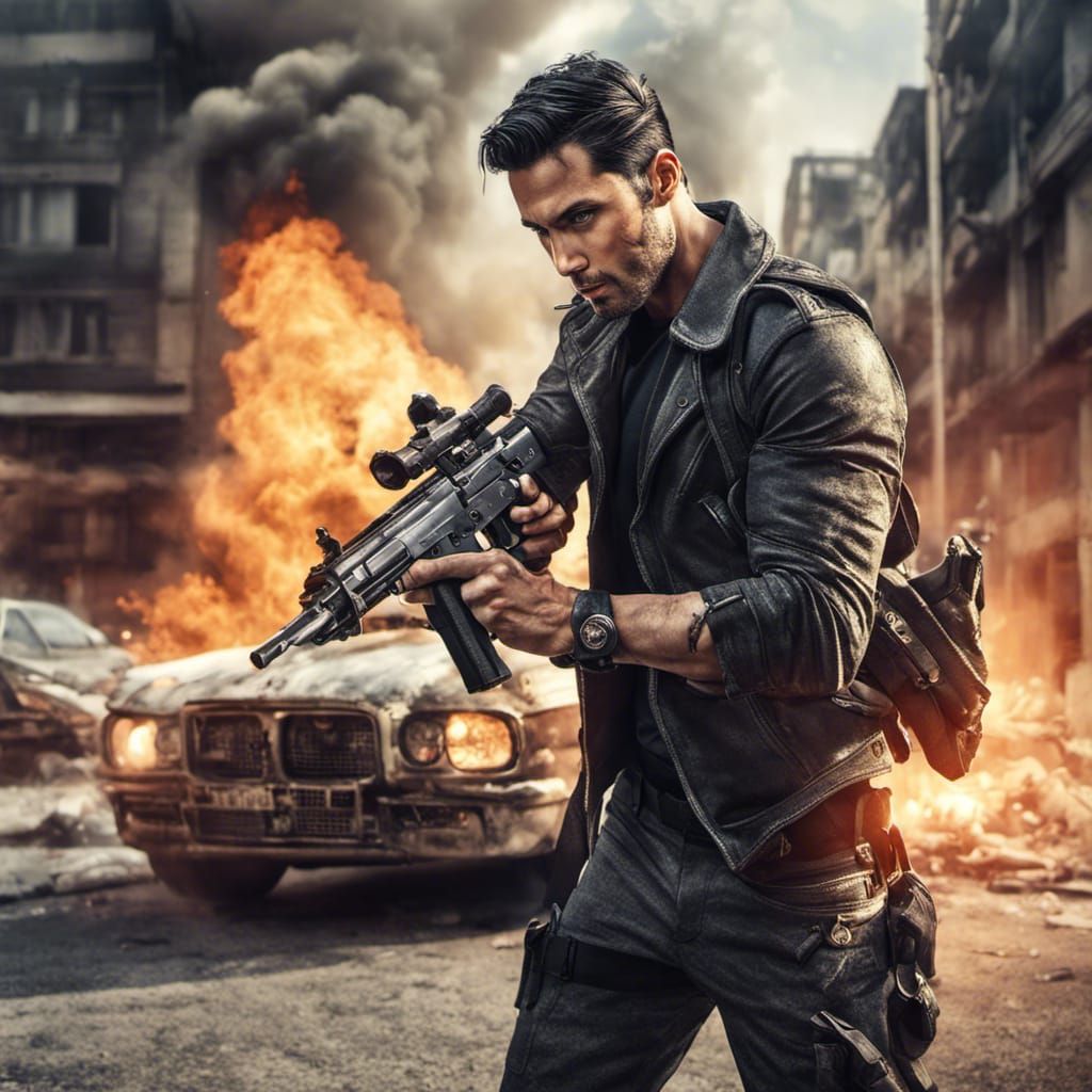 Hyperrealistic Secret Agent in Burning City