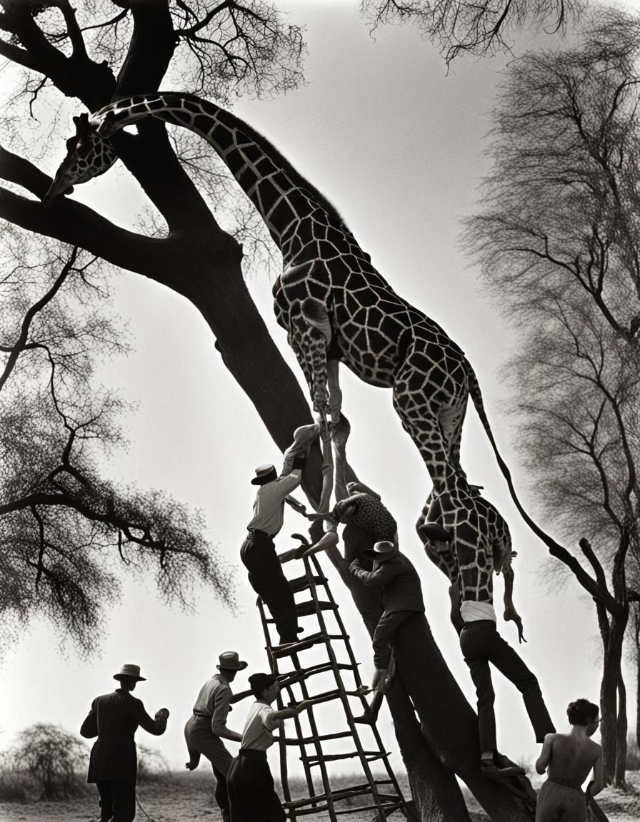 Several People climbing over a giraffe. Black and white phot...