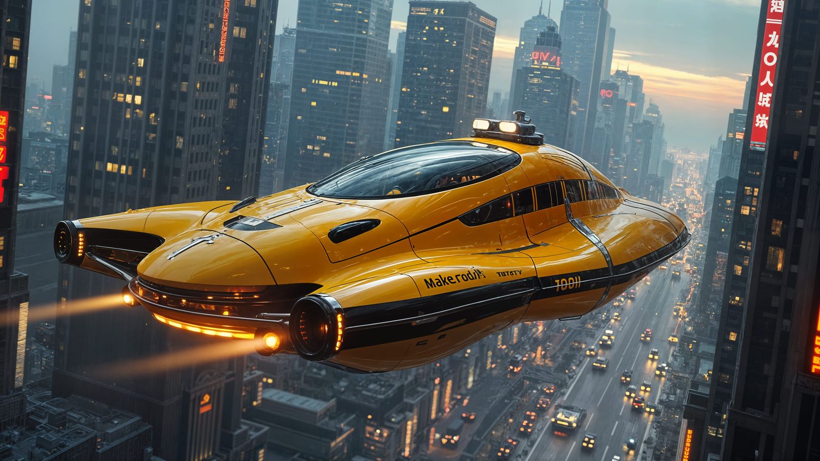 A sleek, yellow futuristic hovercraft taxi glides effortlessly over a sprawling cityscape, its aerodynamic design and gl...