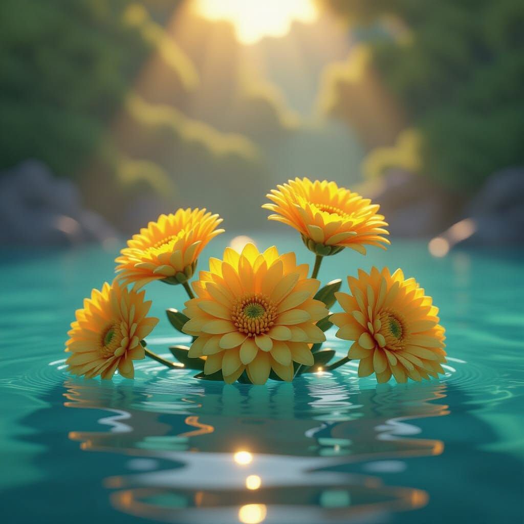 Yellow Chrysanthemum Floating on Glossy Sea, 3D Render