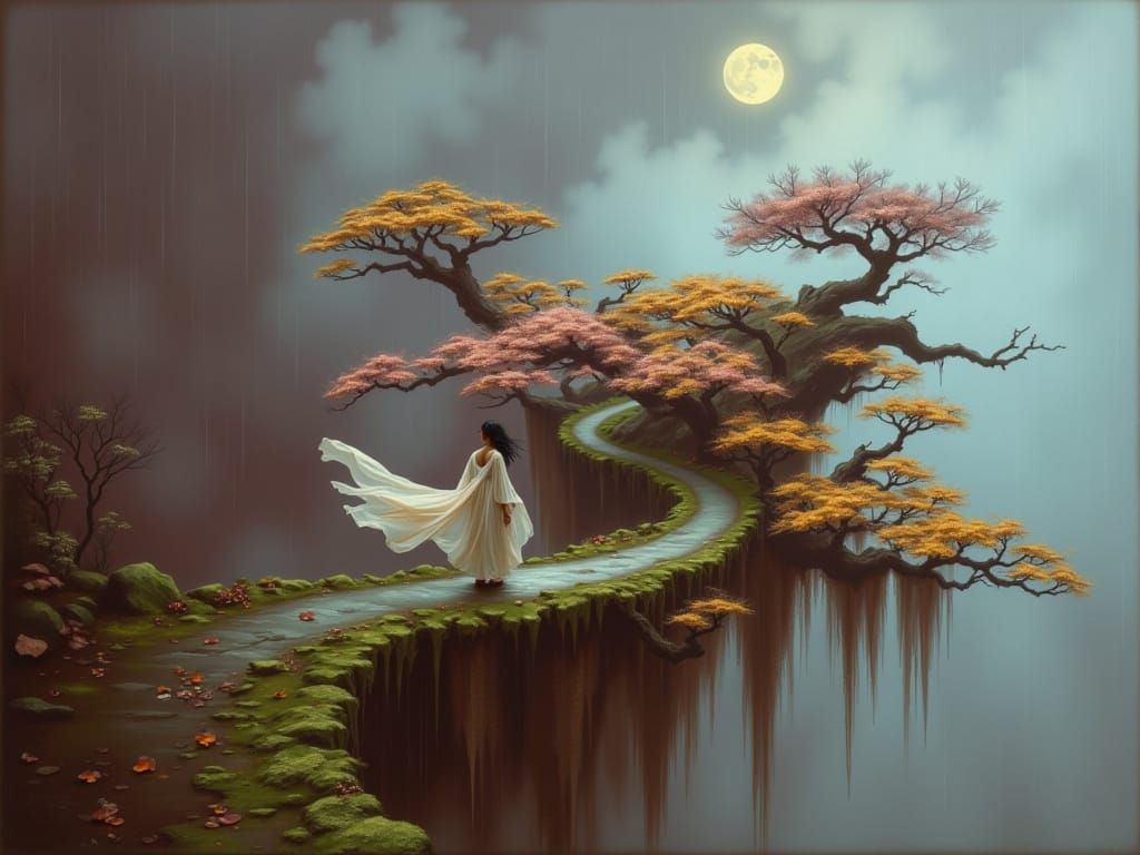 Ethereal Woman on Cliffside Road with Colorful Trees