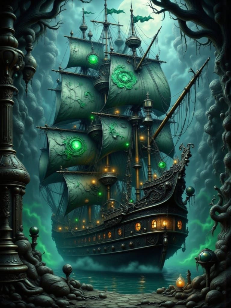 Ghostly Steampunk Pirate Ship in Cavern