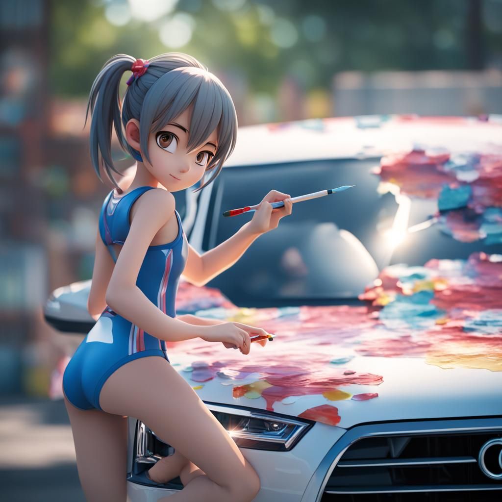 Anime Girl Painting Car in 3D Style