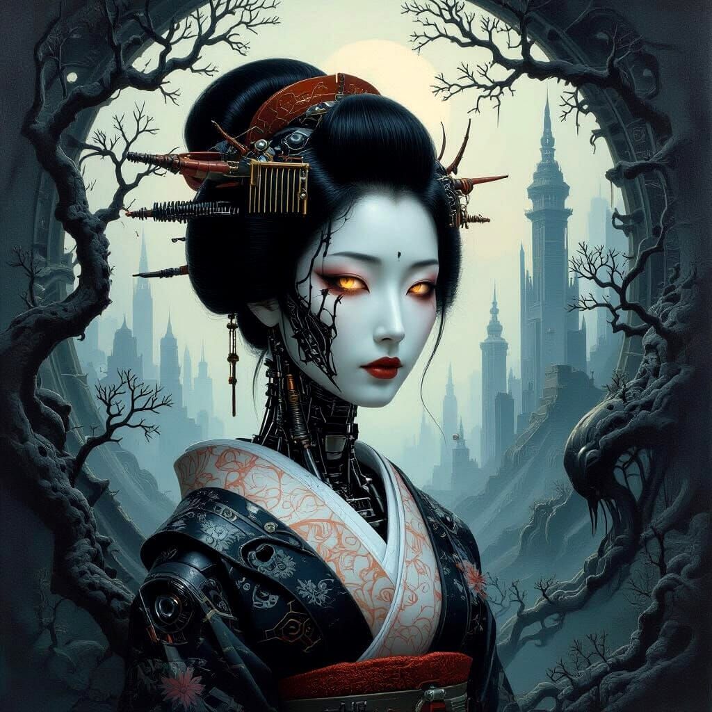 Eerie Biomechanical Japanese Woman in Giger-Inspired Landsca...