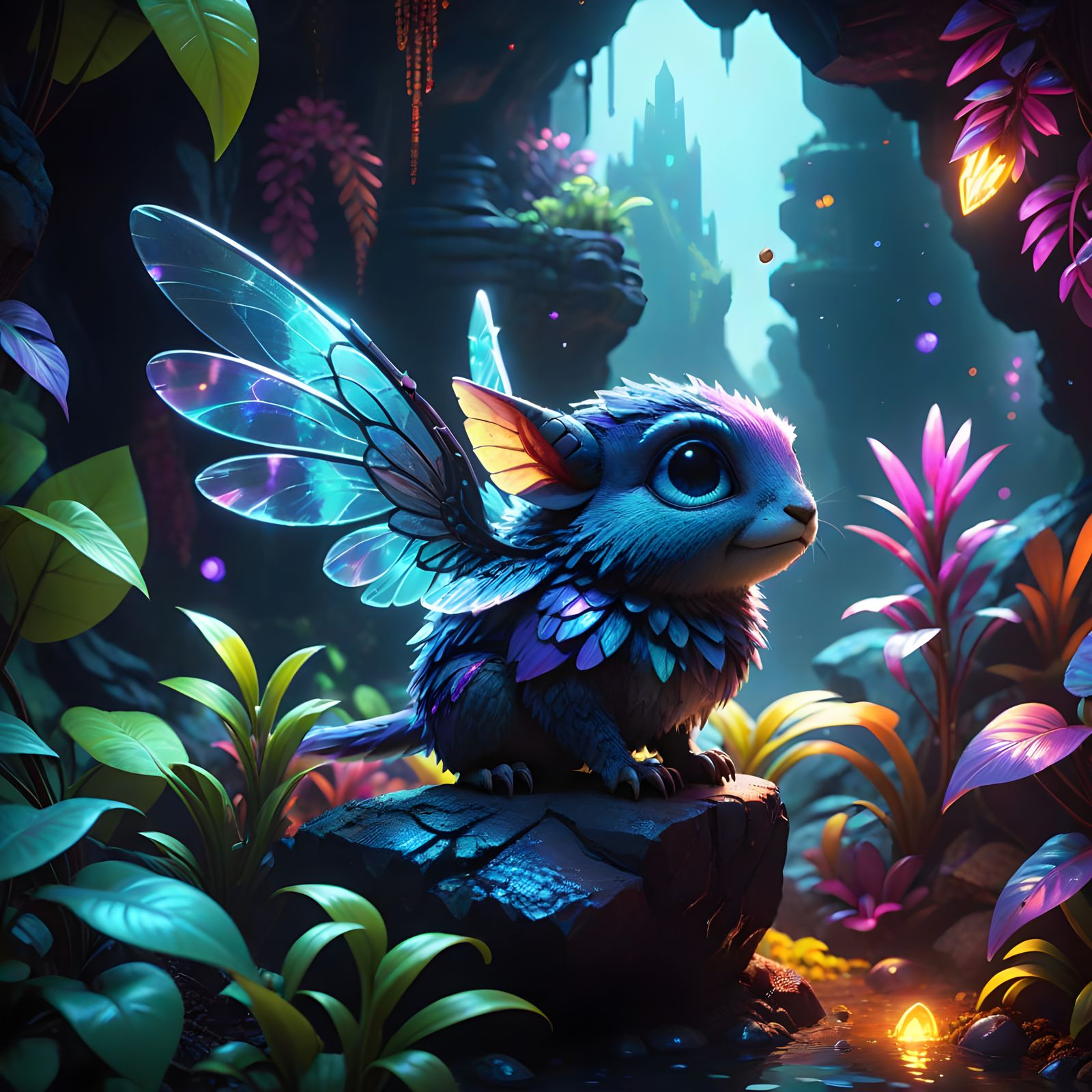 Enchanted Crystal Cave Creature in Vibrant, Hyperrealistic S...