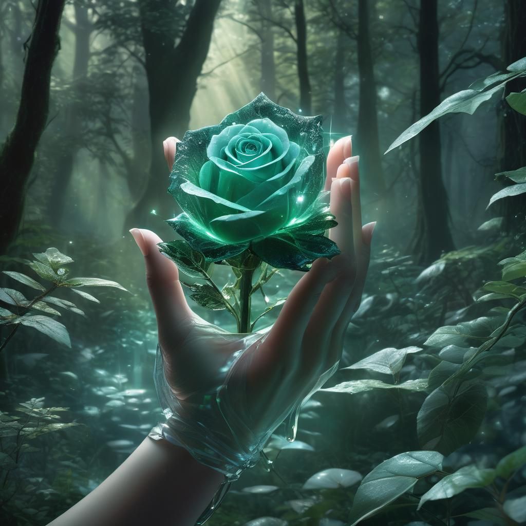 Mystical Forest: Green Crystal Rose in Digital Art
