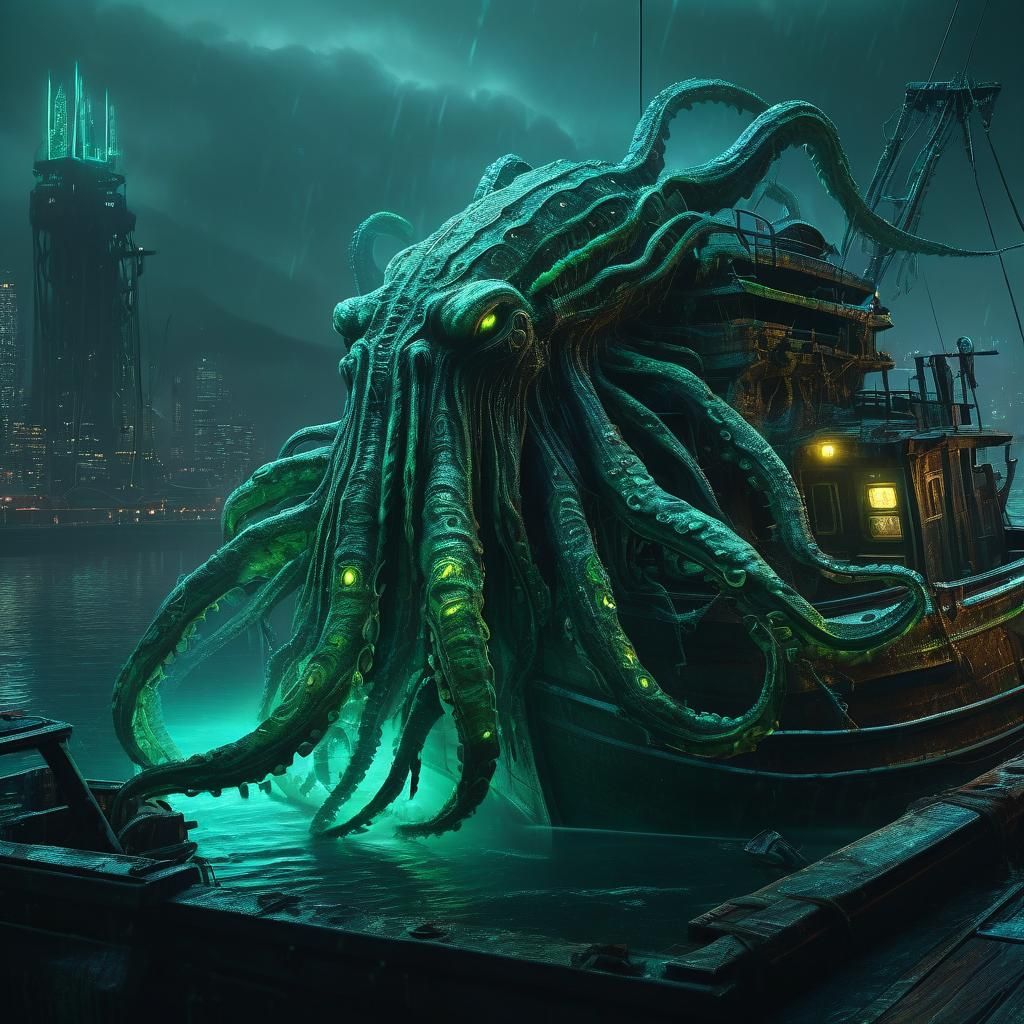 Cyberpunk Kraken Emerges from Dark, Iridescent Depths