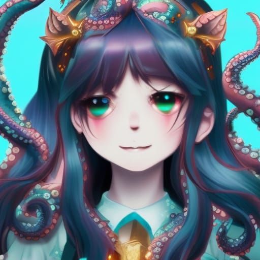 Anime Gamer Girl with Octopus Hair in Mermaid Skin