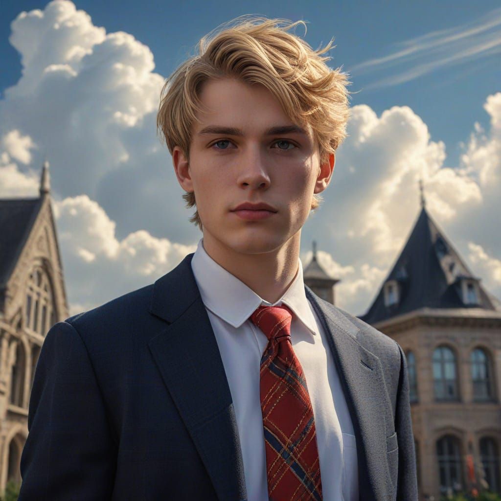 Young Man in Traditional English School Uniform on Universit...