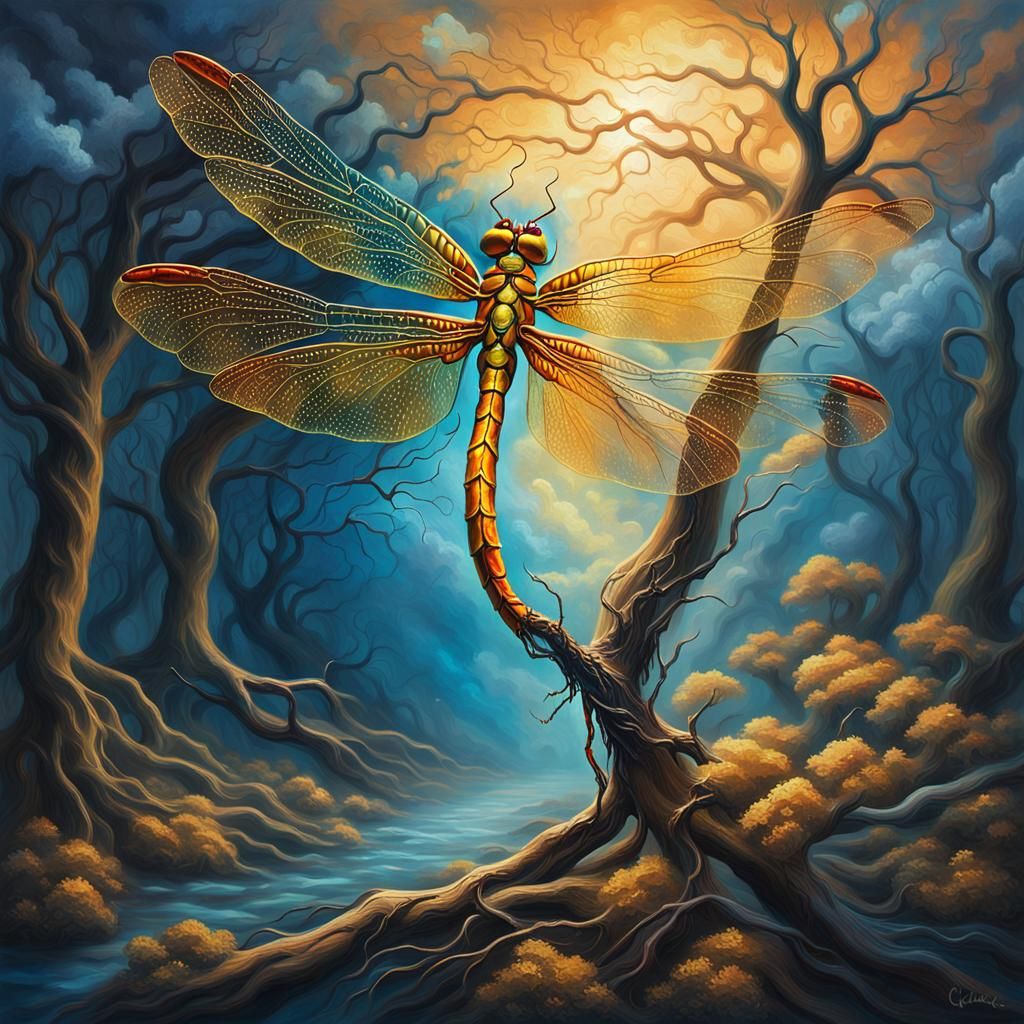 Golden Dragonfly Descends into Surreal Dreamscape