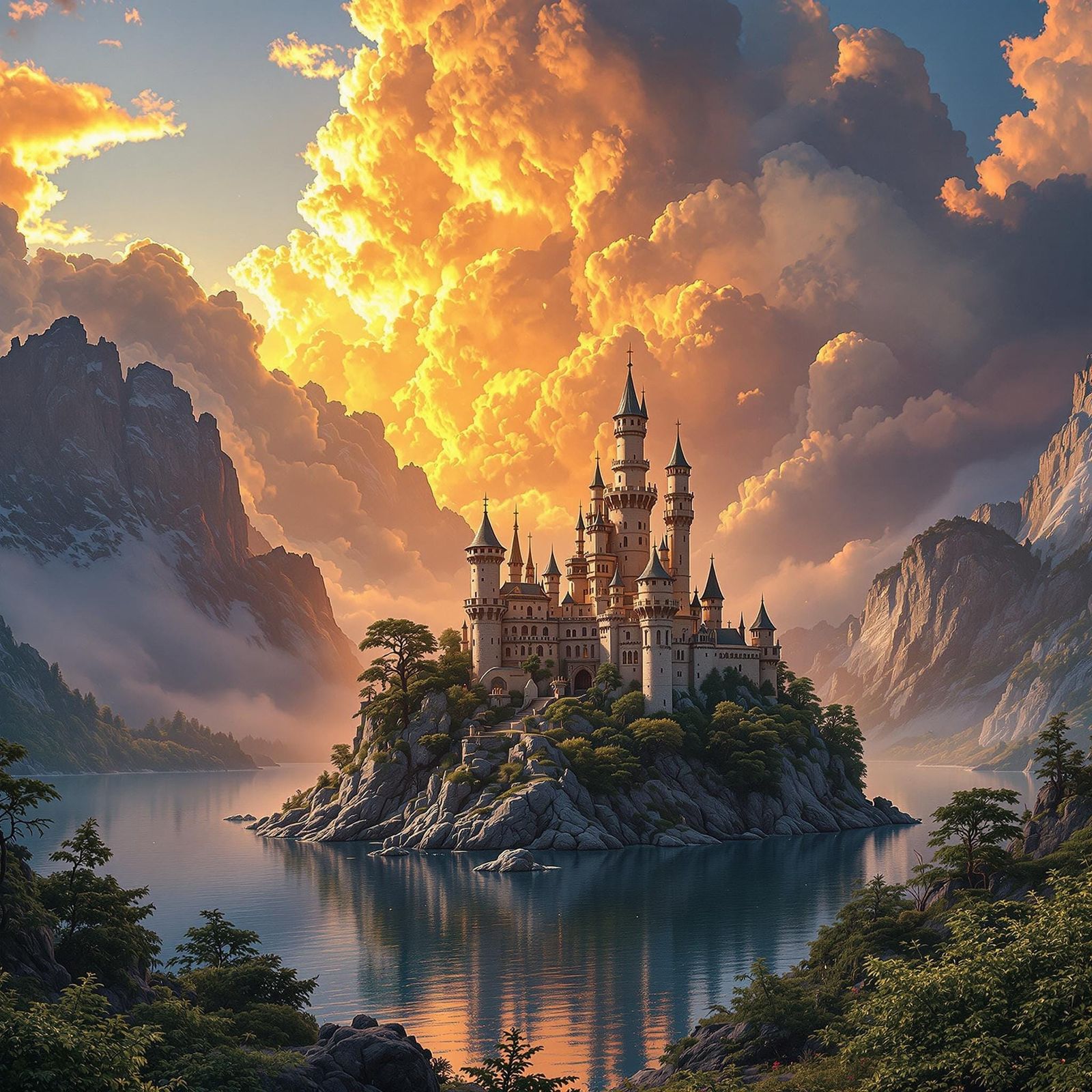 Fantasy Castle on Island at Golden Hour