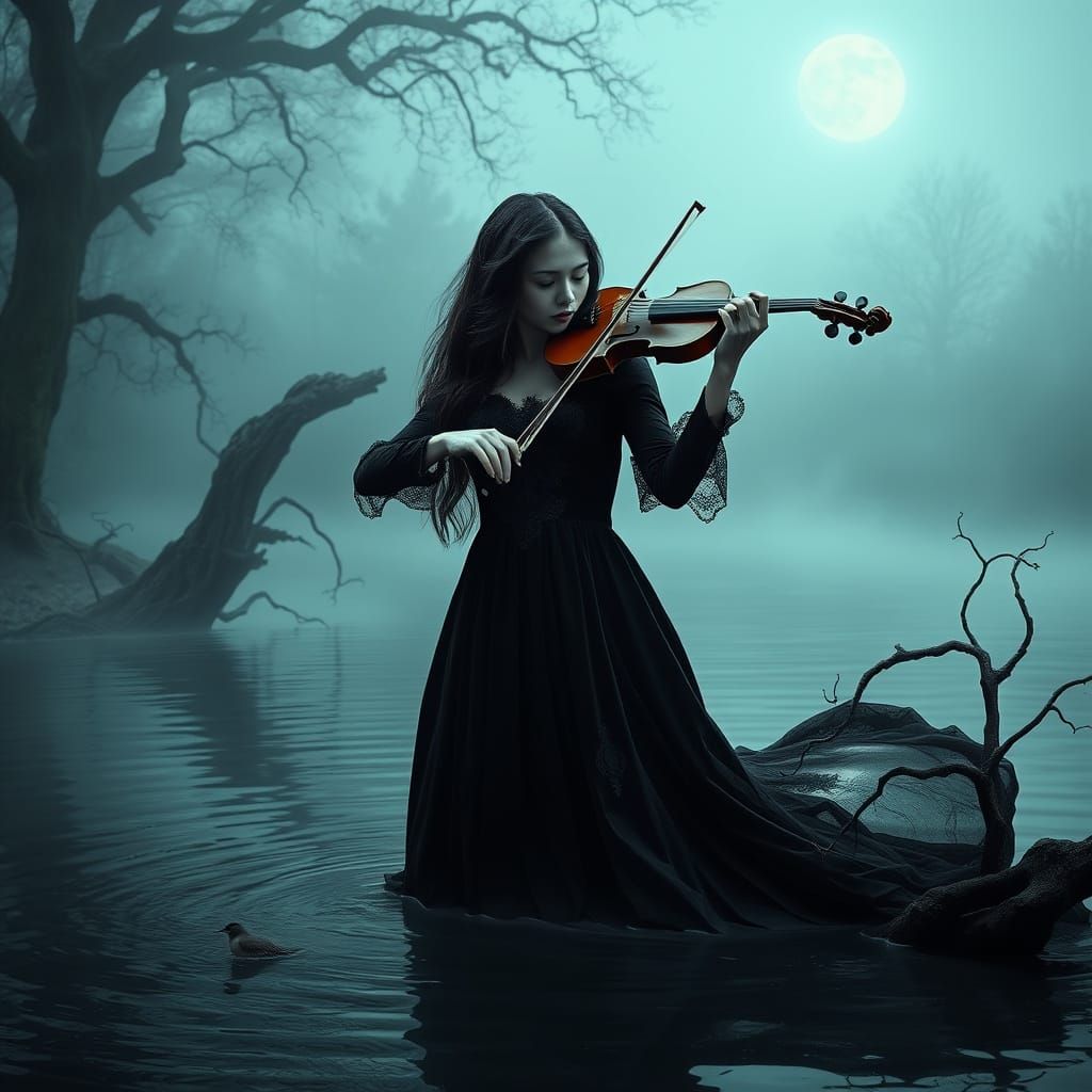 Goth Girl Plays Violin on Moonlit Lake Shore