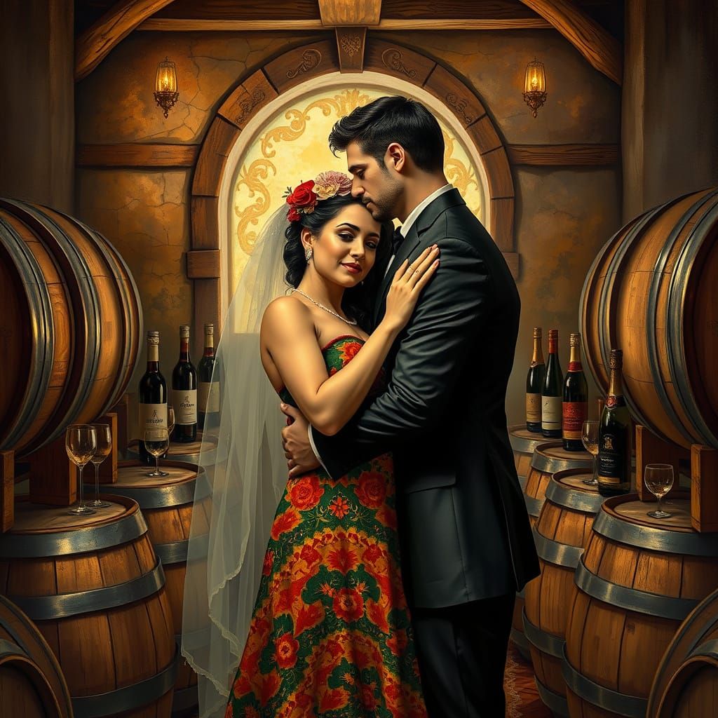 Romantic Embrace in Wine Cellar, Blended Artistic Styles