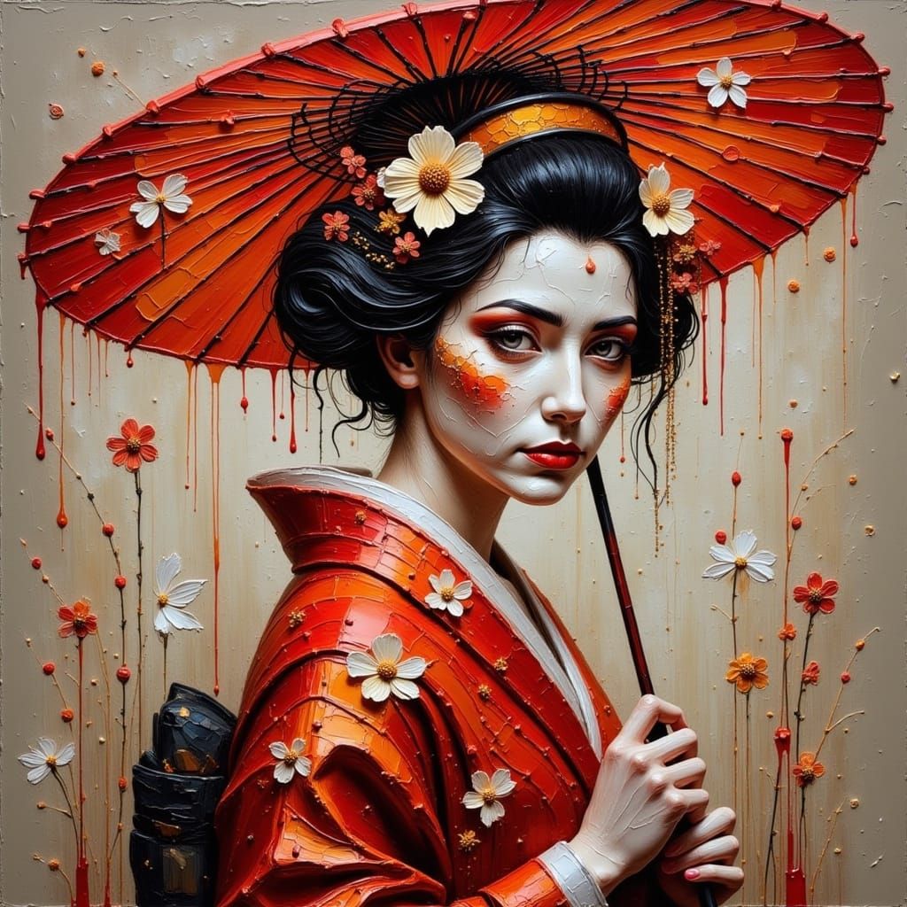 Geisha with Parasol in Textured Style